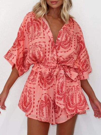 Printed Tie Waist Half Sleeve Romper - Trendsi - Flyclothing LLC