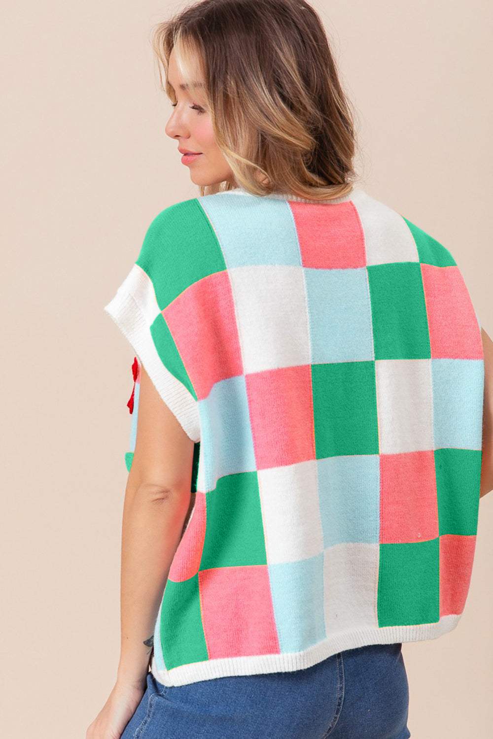BiBi Flower Patch Checkered Sweater Vest - Trendsi - Flyclothing LLC