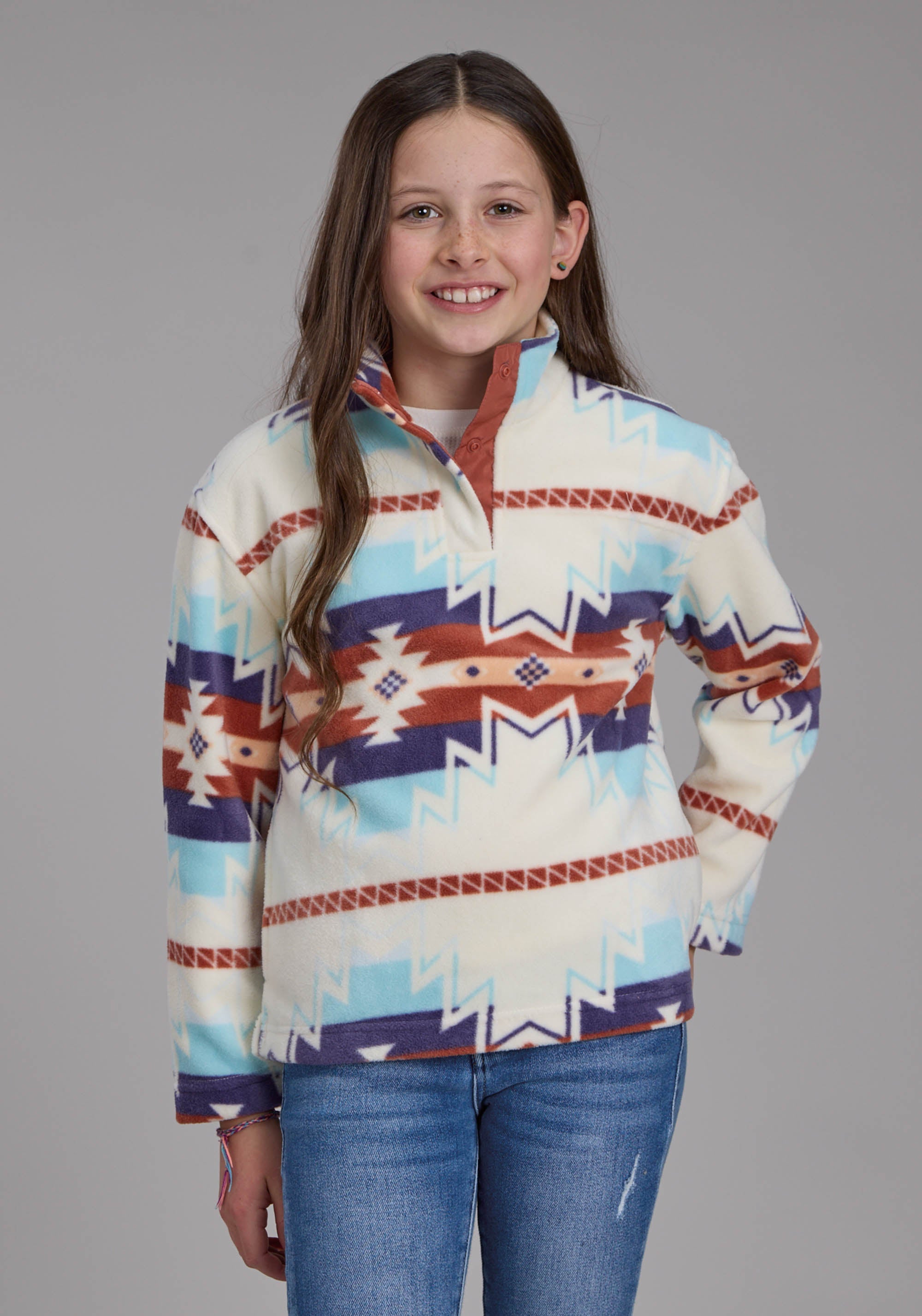 Roper Girls Lg Cream Aztec Printed Fleece Snap Jacket