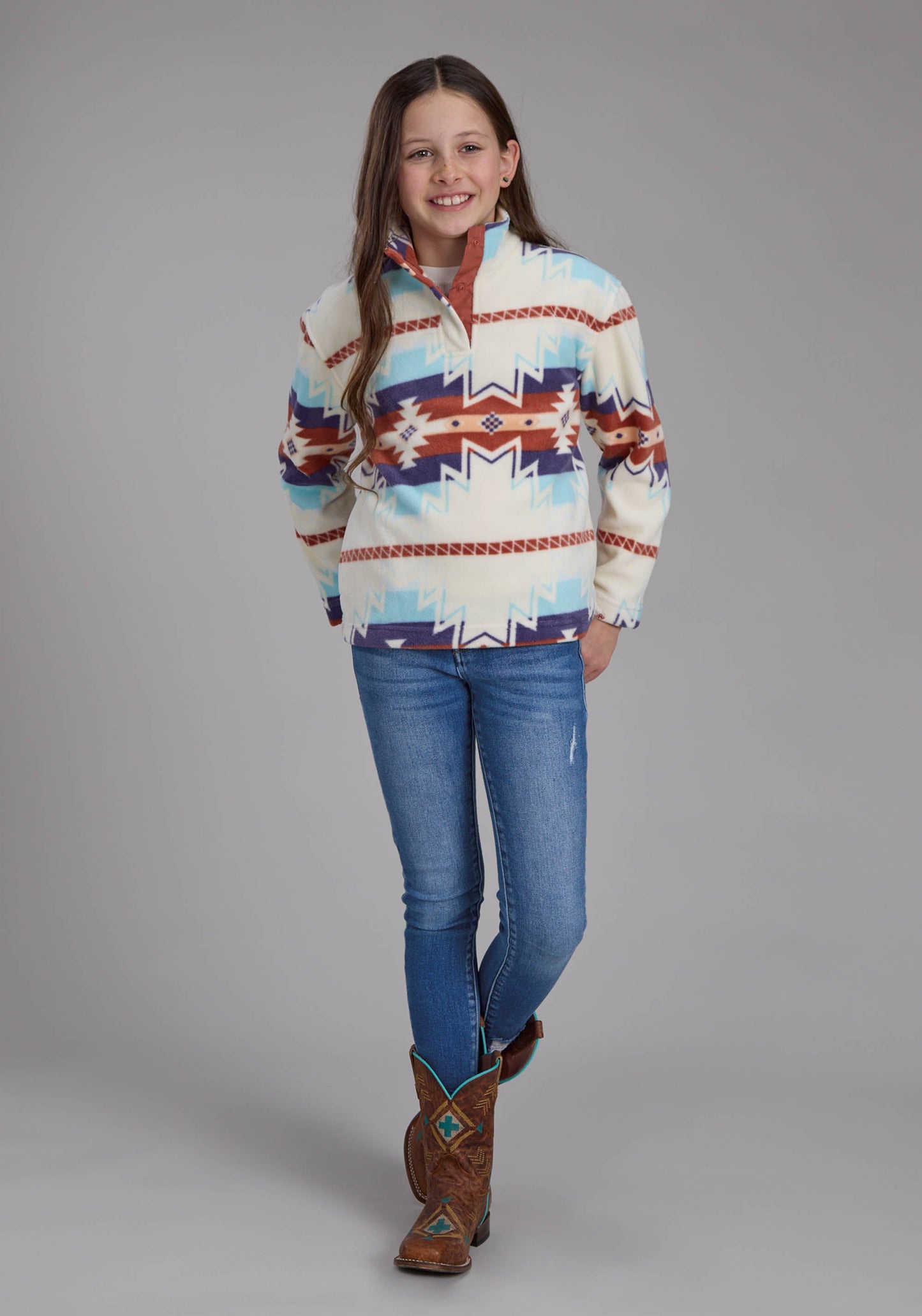 Roper Girls Lg Cream Aztec Printed Fleece Snap Jacket