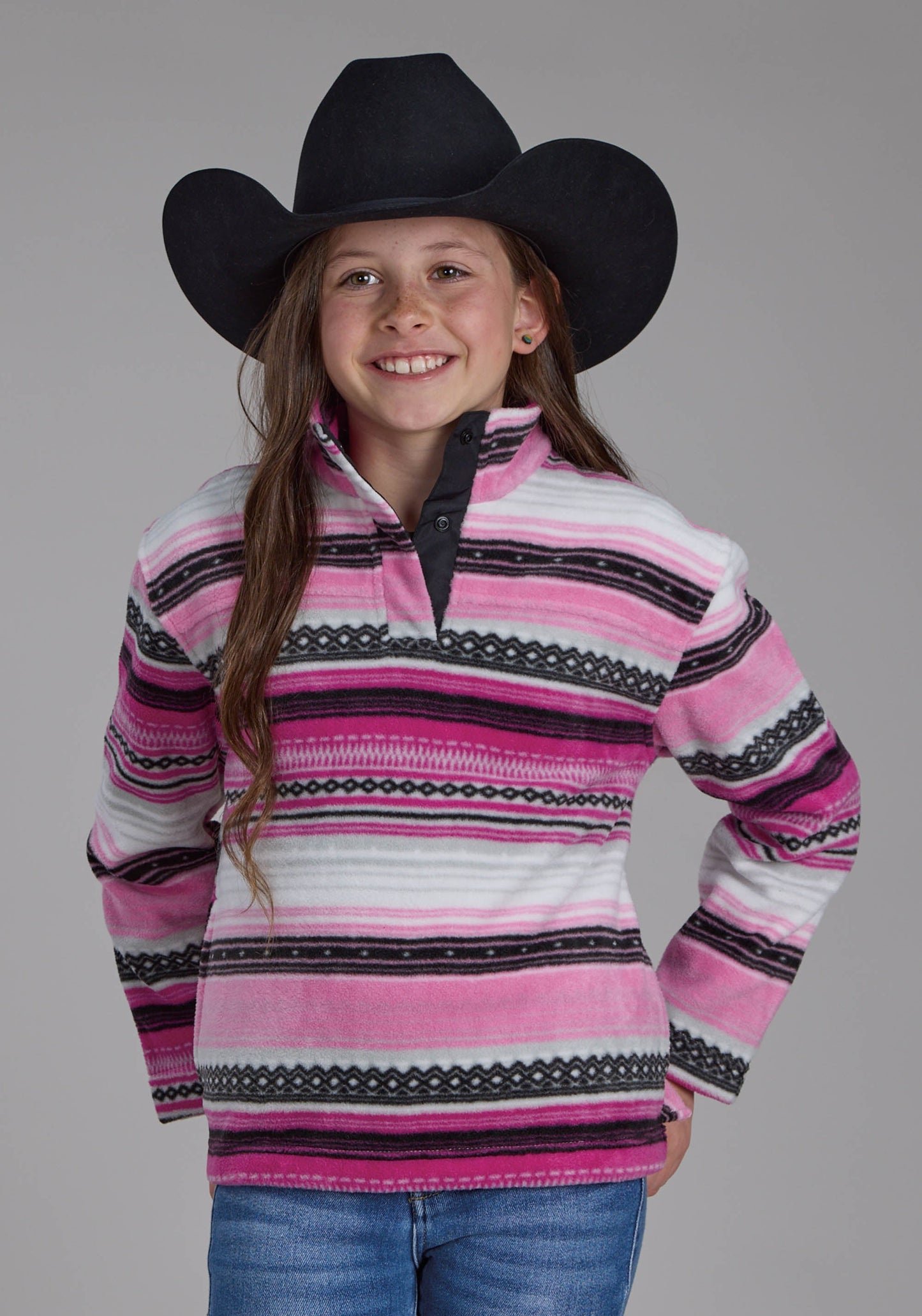 Roper Girls Pink Black Aztec Printed Aztec Snap Jacket