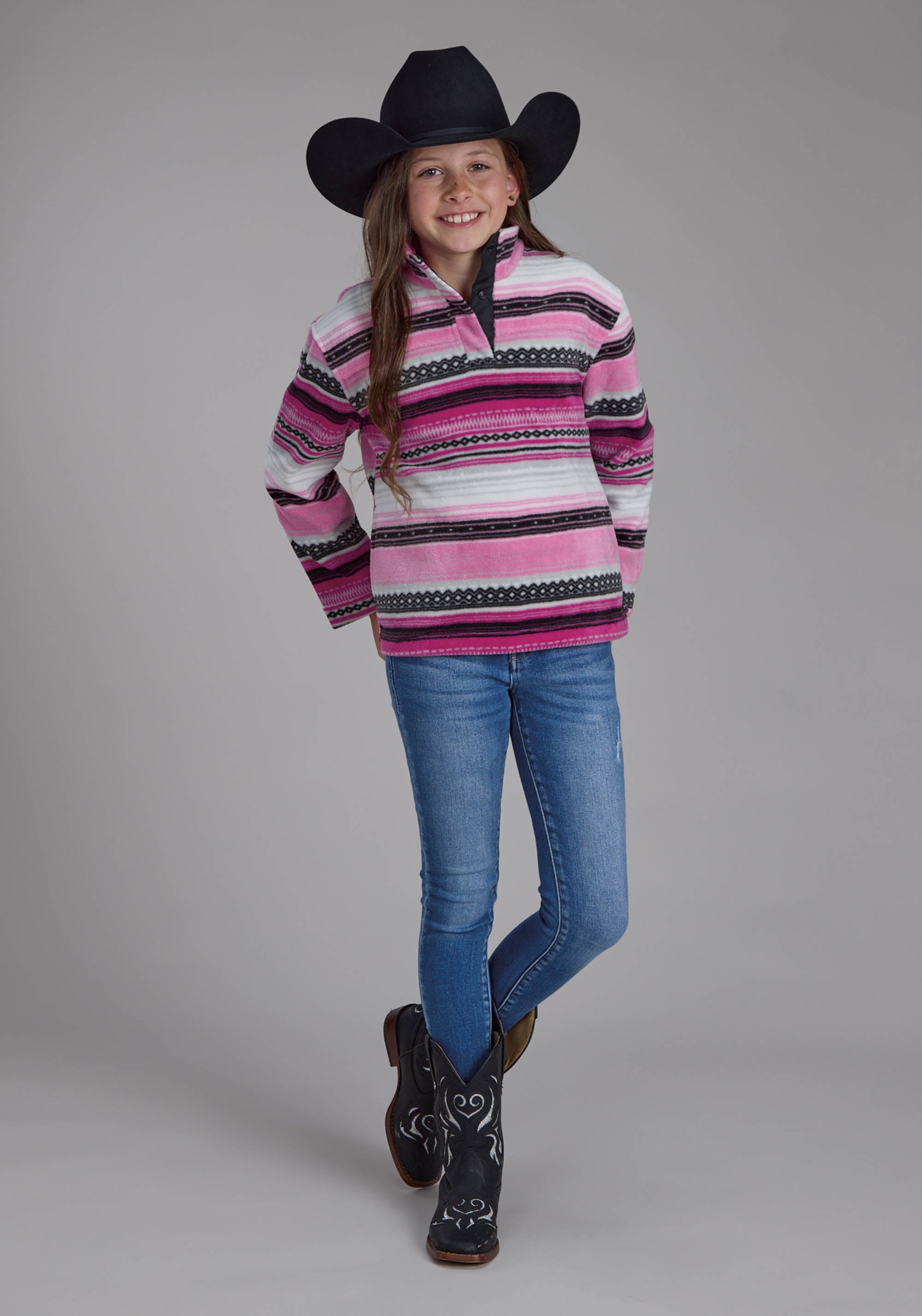 Roper Girls Pink Black Aztec Printed Aztec Snap Jacket