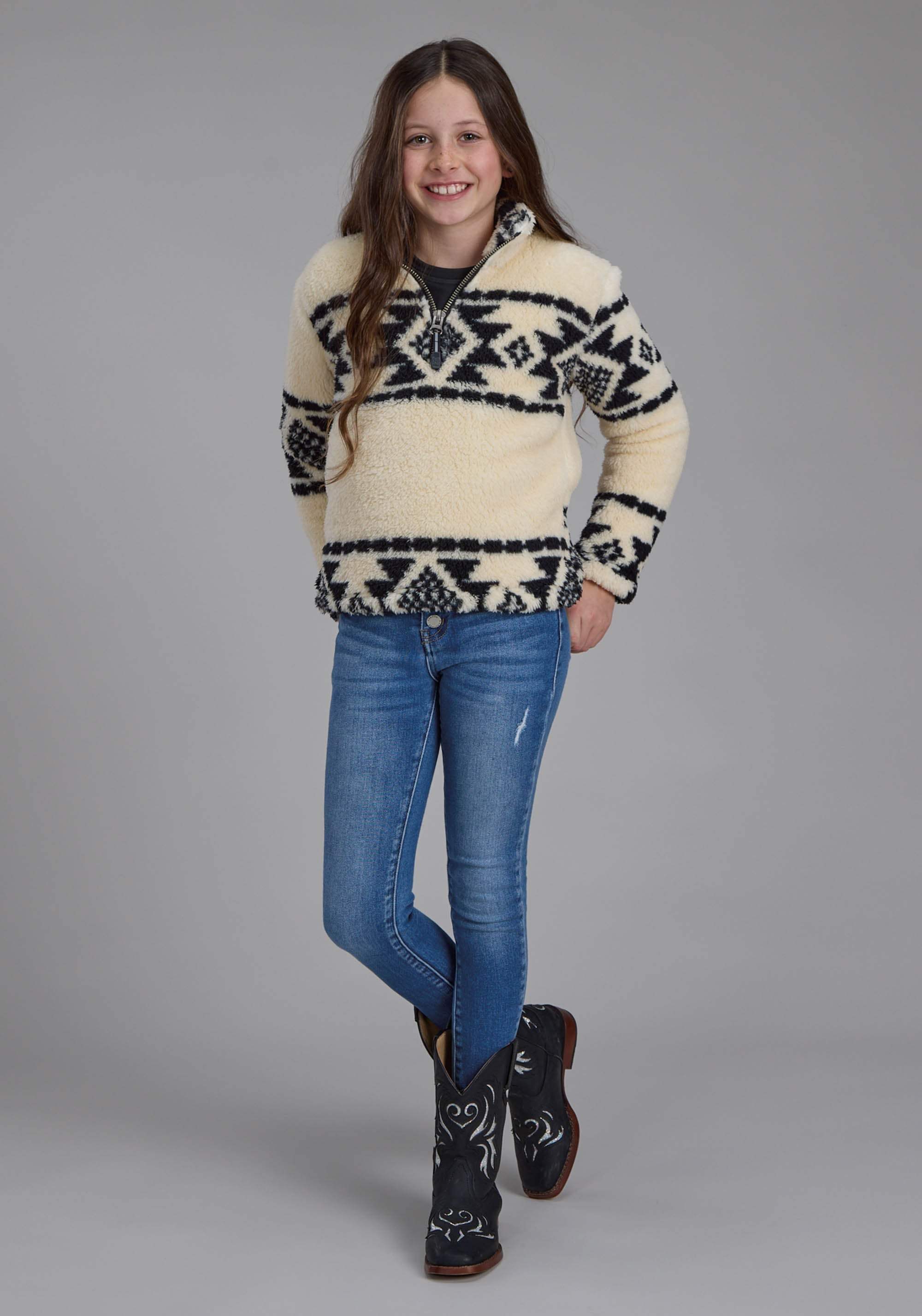 Roper Girls Black Cream Aztec Stripe Snap Jacket - Roper - Flyclothing LLC