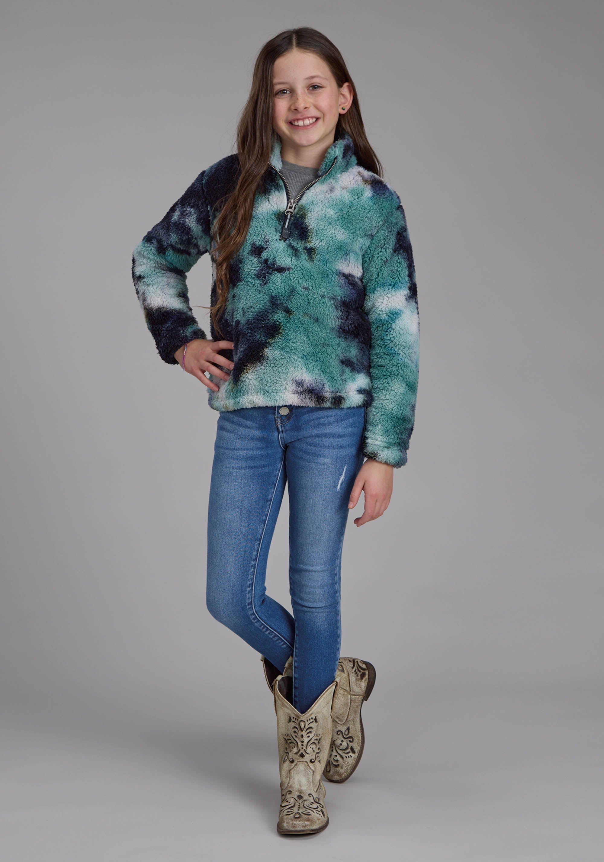 Roper Girls Blue Tie Dye Polar Fleece Snap Jacket