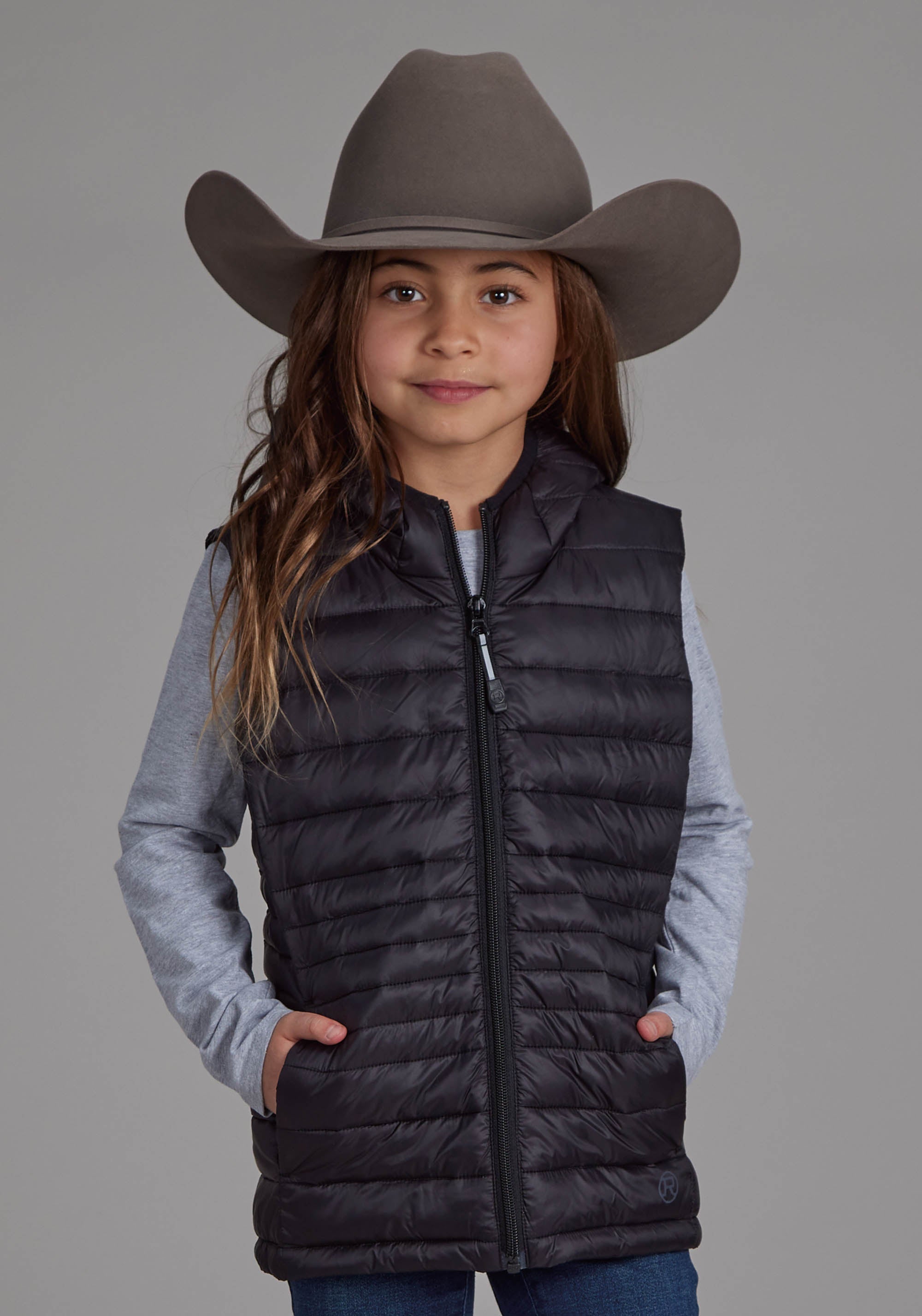 Roper Girls Black Nylon Hooded Zipper Vest