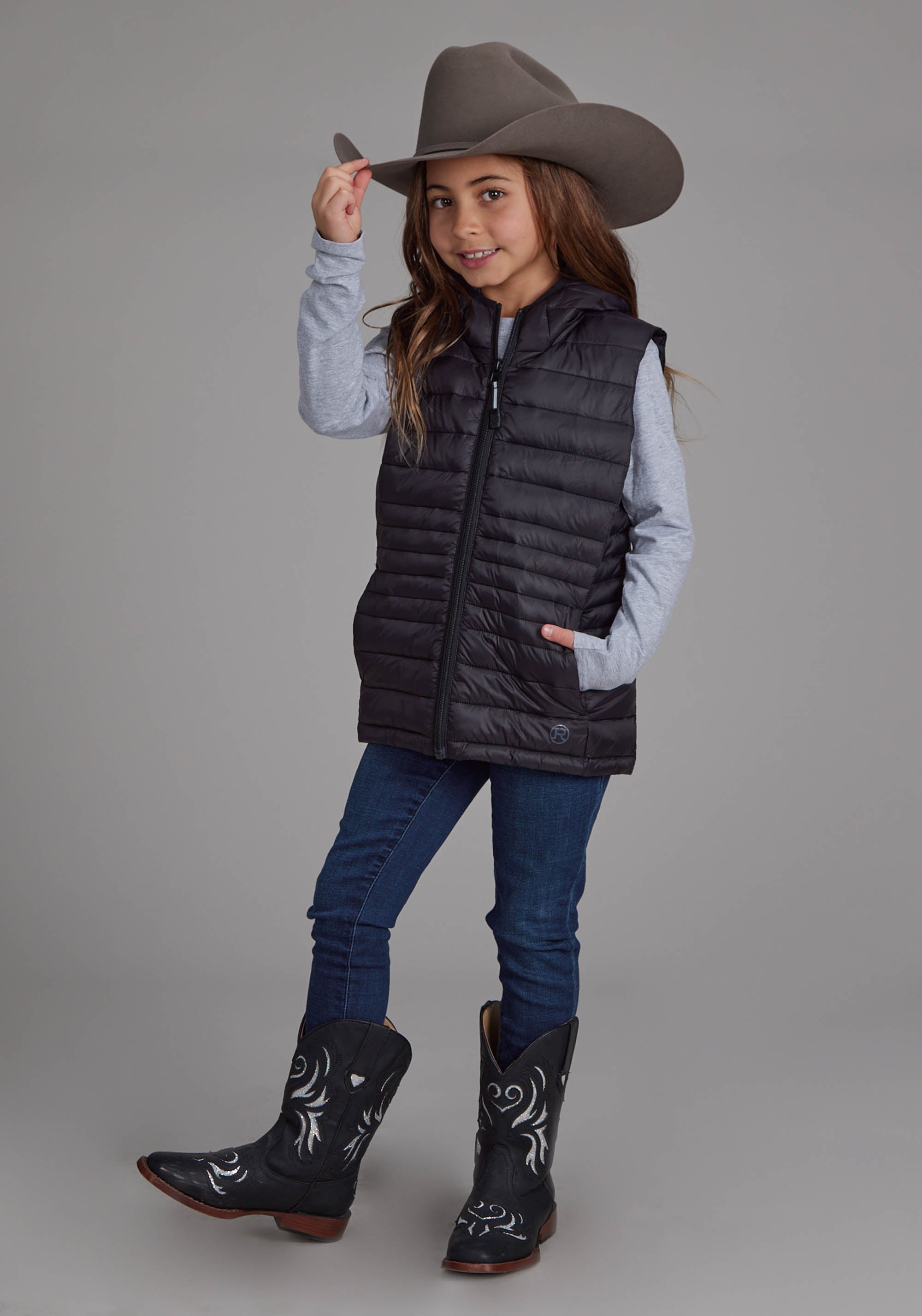 Roper Girls Black Nylon Hooded Zipper Vest