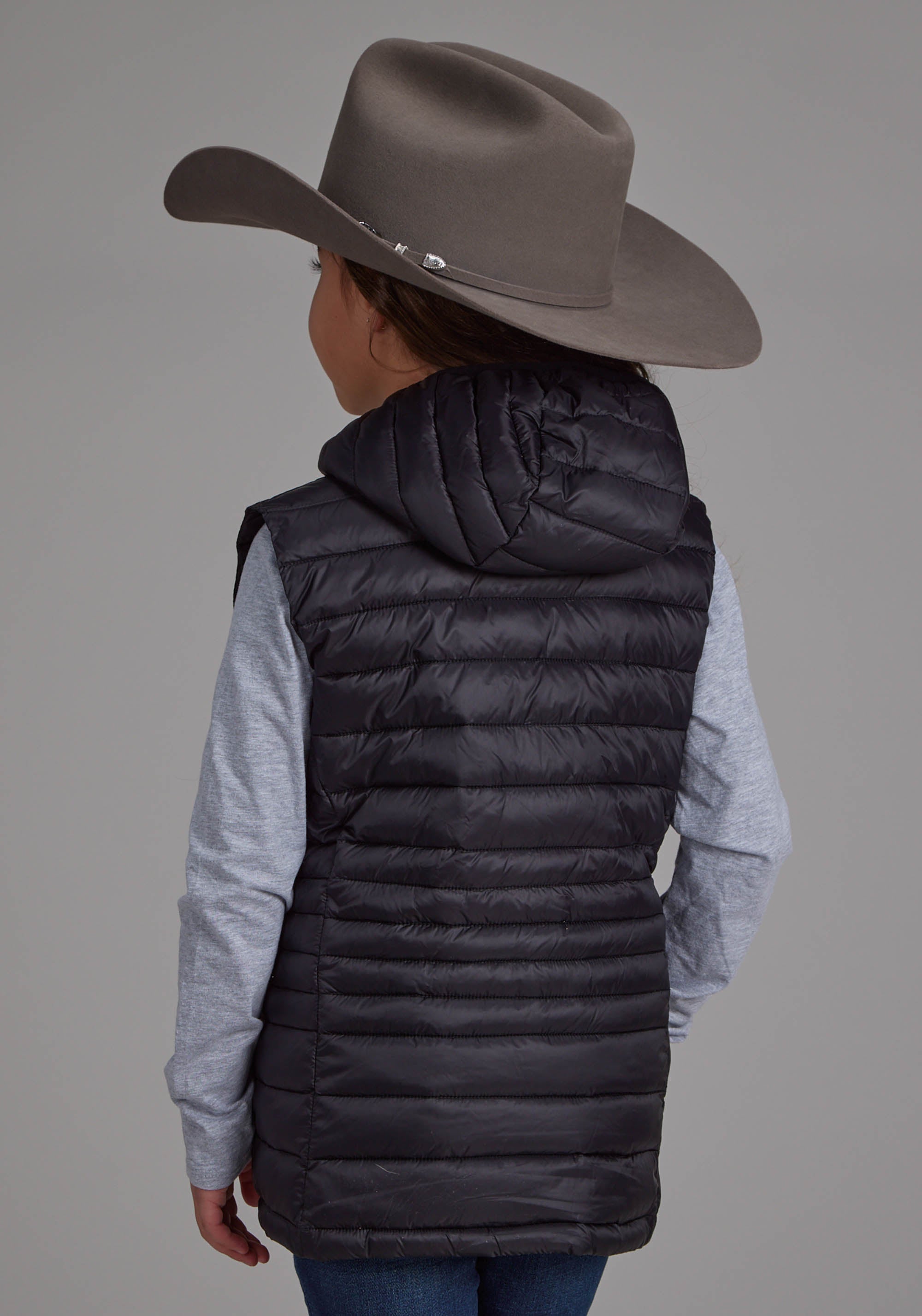 Roper Girls Black Nylon Hooded Zipper Vest