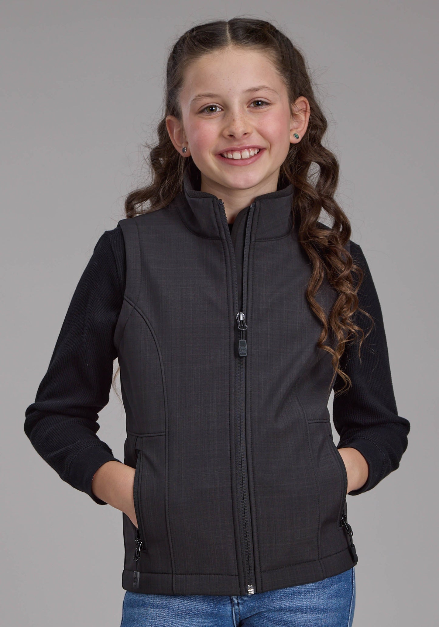Roper Girls Charcoal Heather With Black Fleece Zipper Vest