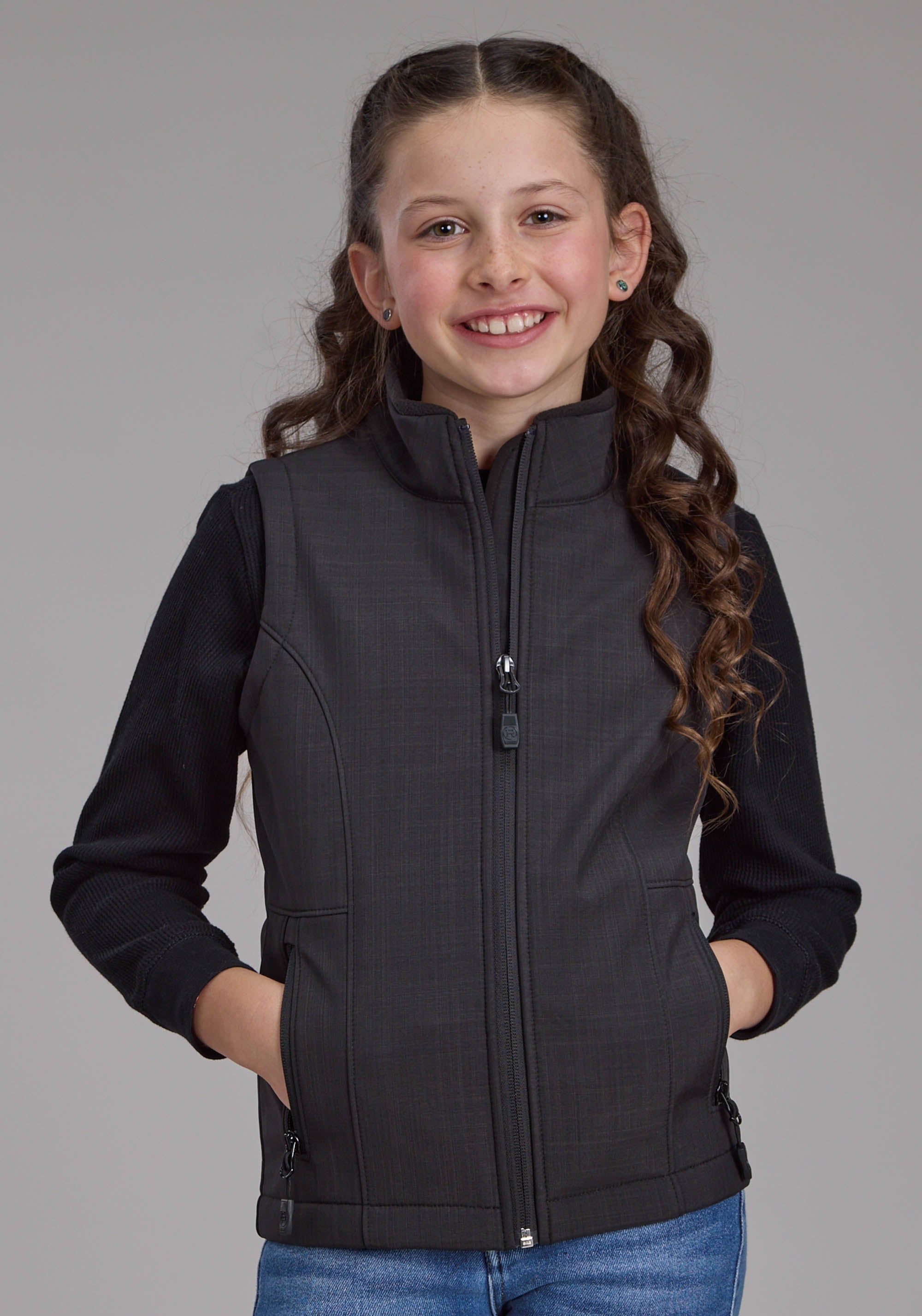 Roper Girls Charcoal Heather With Black Fleece Zipper Vest