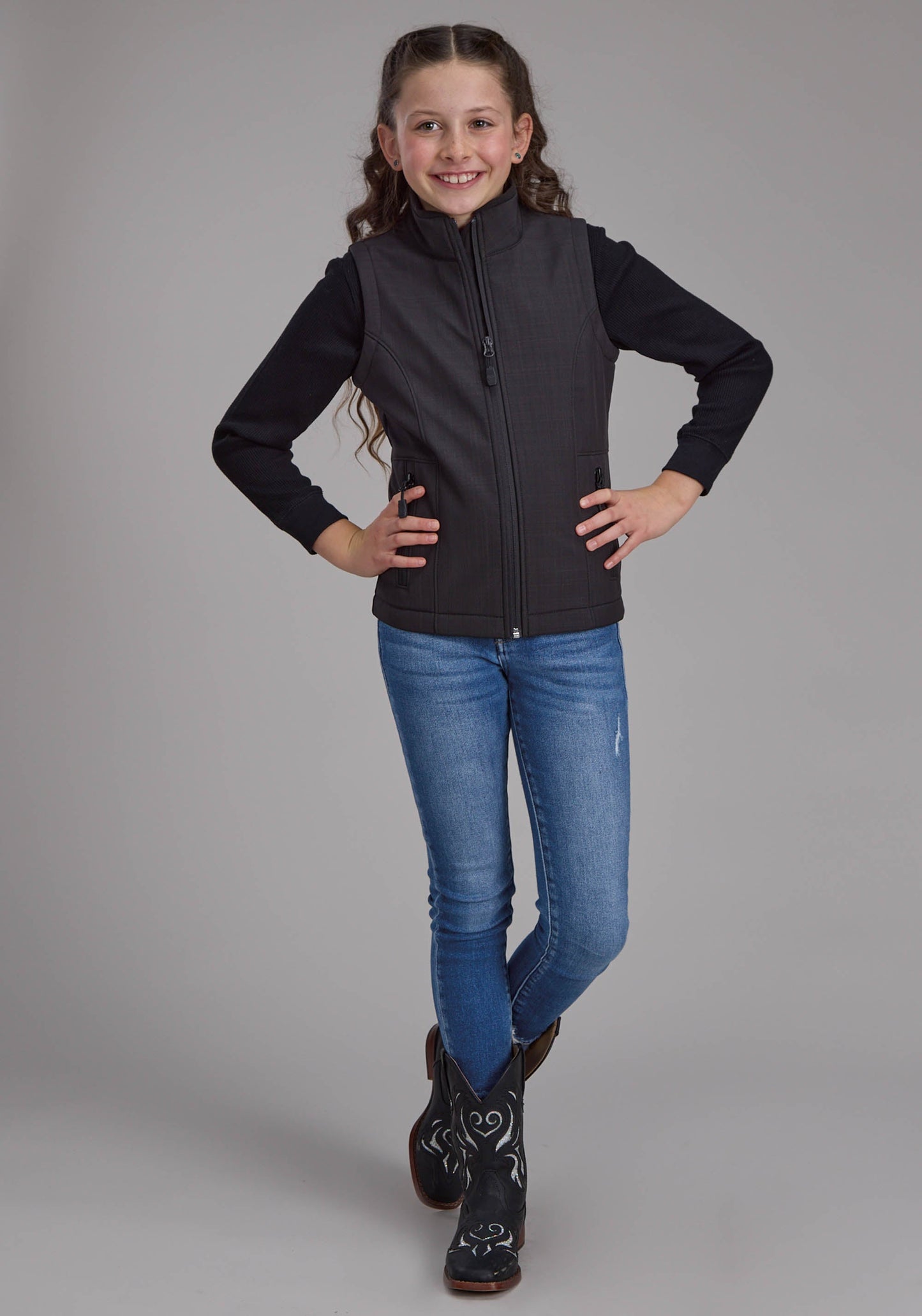 Roper Girls Charcoal Heather With Black Fleece Zipper Vest