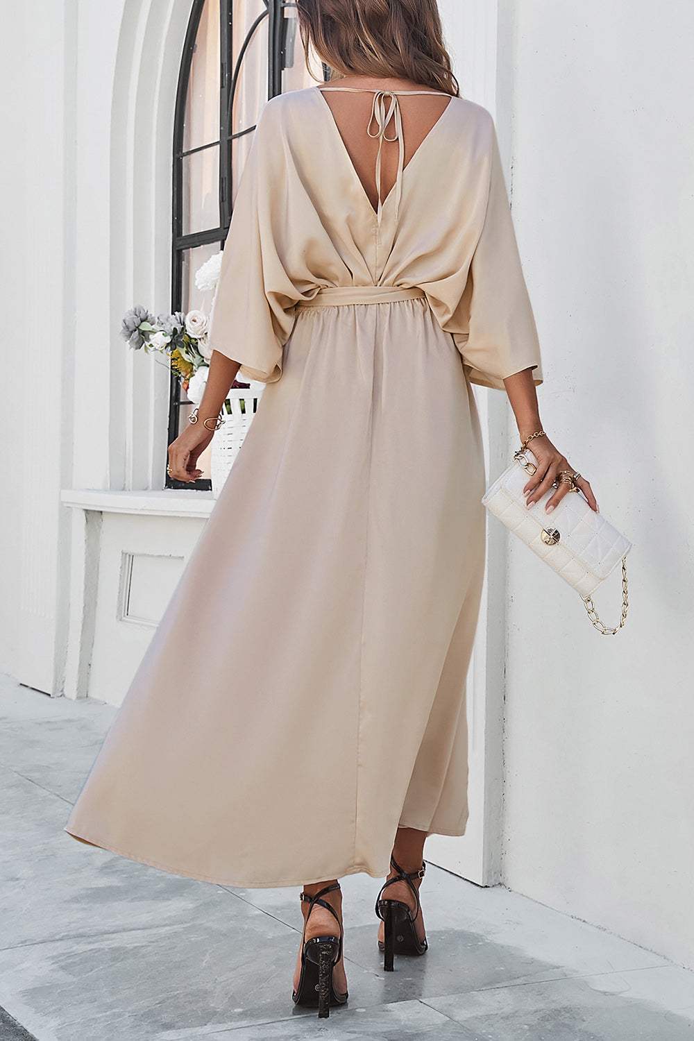 Slit Tied V-Neck Three-Quarter Sleeve Dress - Trendsi - Flyclothing LLC