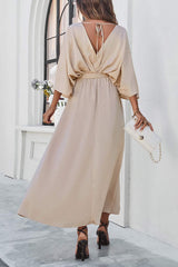 Slit Tied V-Neck Three-Quarter Sleeve Dress - Trendsi - Flyclothing LLC