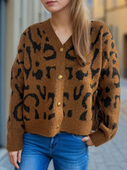 Leopard V-Neck Button Up Cardigan - Trendsi