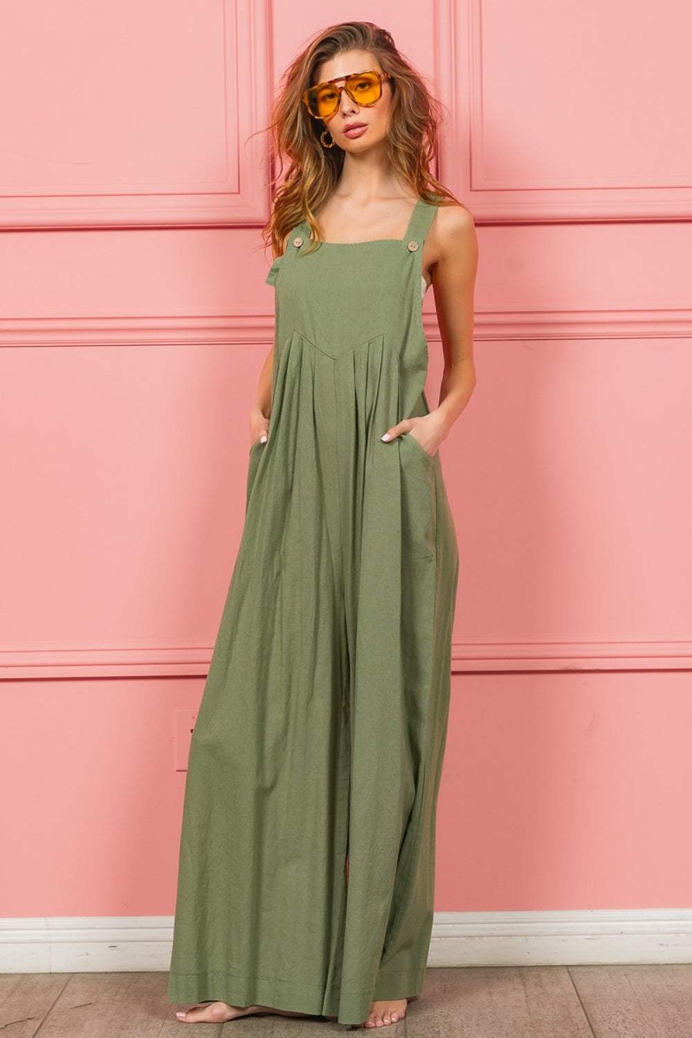 BiBi Ruched Wide Leg Overalls with Pockets - Trendsi - Flyclothing LLC