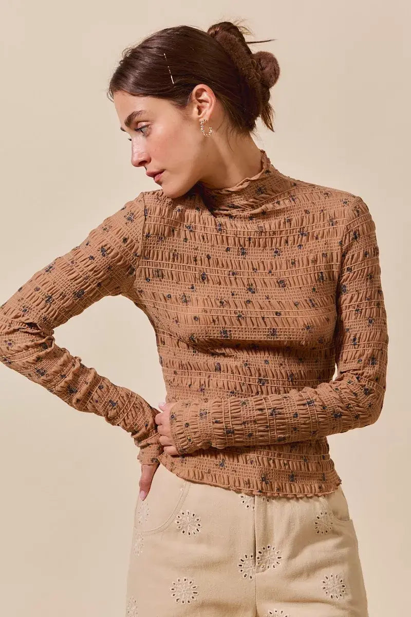 SO ME Floral Print Textured Long Sleeve Knit Top - Trendsi - Flyclothing LLC