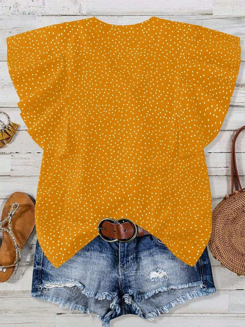 Polka Dot Notched Ruffled Cap Sleeve Blouse - Trendsi - Flyclothing LLC