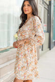 Printed V-Neck Balloon Sleeve Mini Dress - Trendsi - Flyclothing LLC