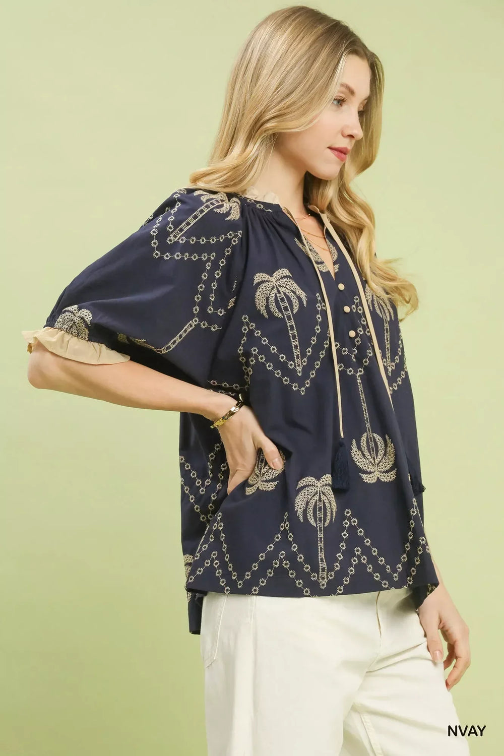 Umgee Embroidered Palm Print Tassel Tie Blouse - Trendsi - Flyclothing LLC