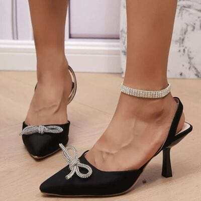 Rhinestone Bow Point Toe Pumps - Trendsi - Flyclothing LLC