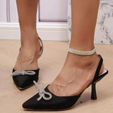 Rhinestone Bow Point Toe Pumps - Trendsi