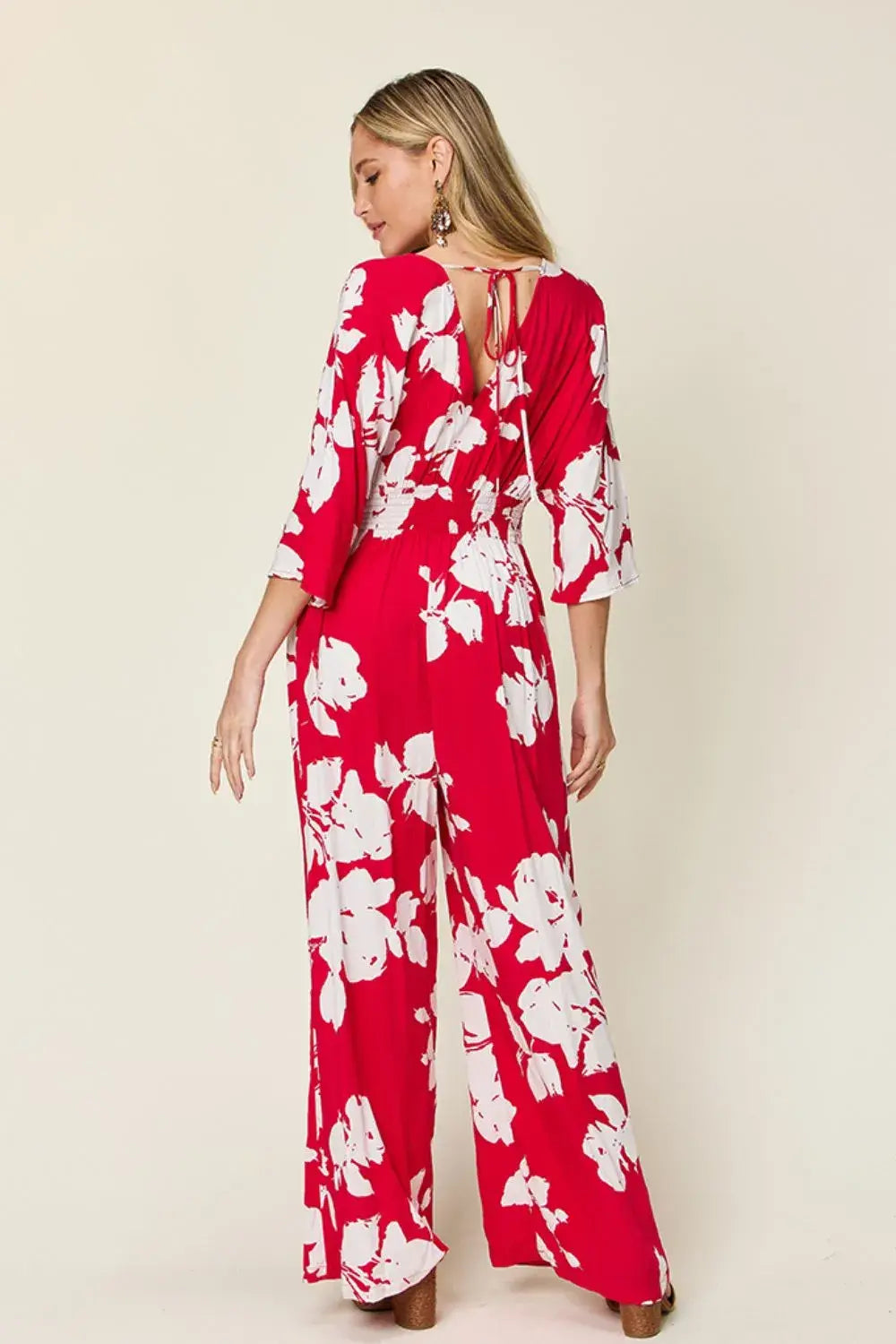 Double Take Full Size Printed Tie Back Wide Leg Jumpsuit - Trendsi - Flyclothing LLC