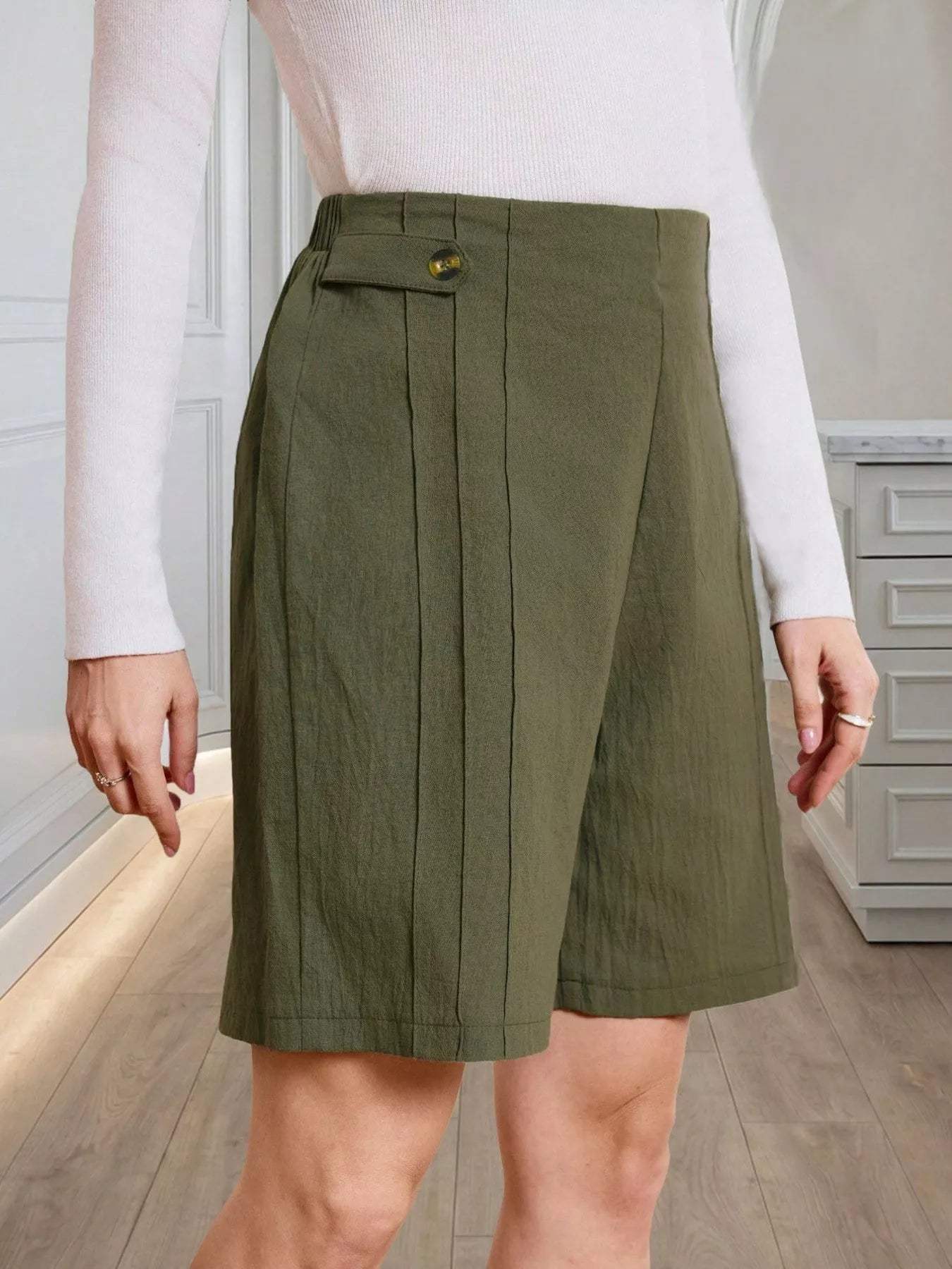 High-Waisted Pleated Shorts with Button Detail - Trendsi - Flyclothing LLC