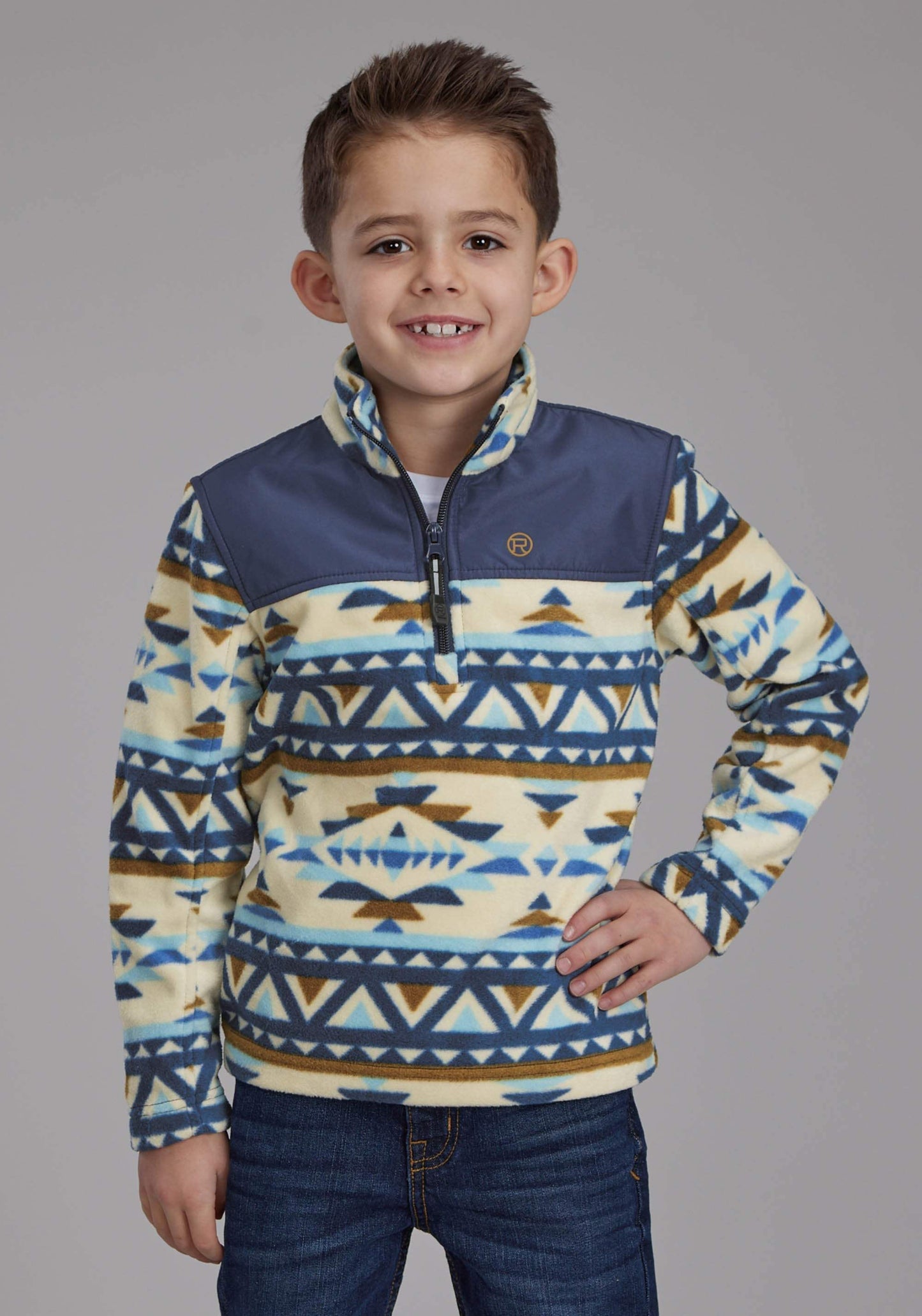Roper Boys Cream Navy Aztec Print Micro Fleece Zipper Jacket - Roper - Flyclothing LLC