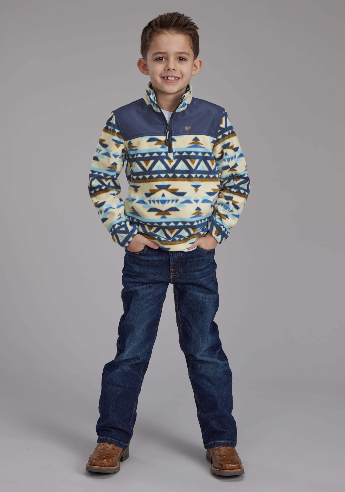 Roper Boys Cream Navy Aztec Print Micro Fleece Zipper Jacket - Roper - Flyclothing LLC