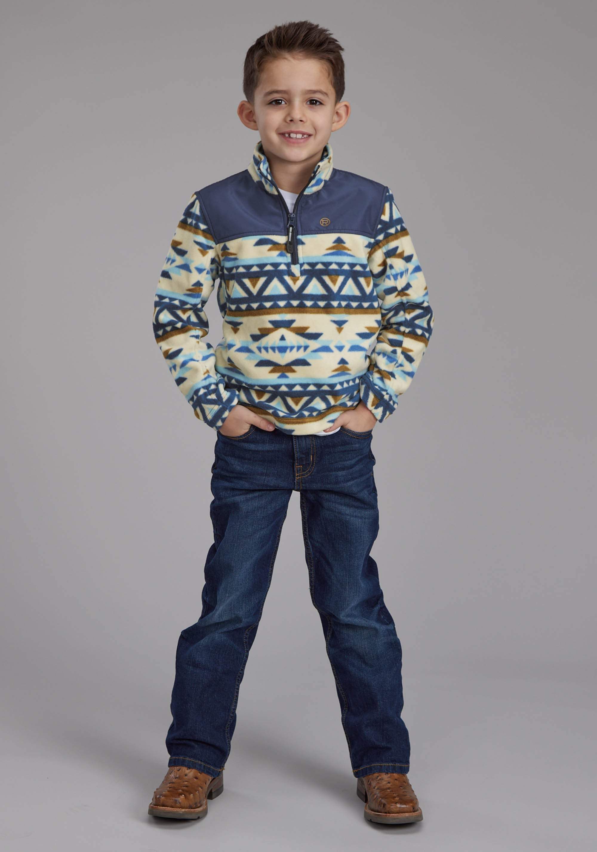 Roper Boys Cream Navy Aztec Print Micro Fleece Zipper Jacket - Roper - Flyclothing LLC