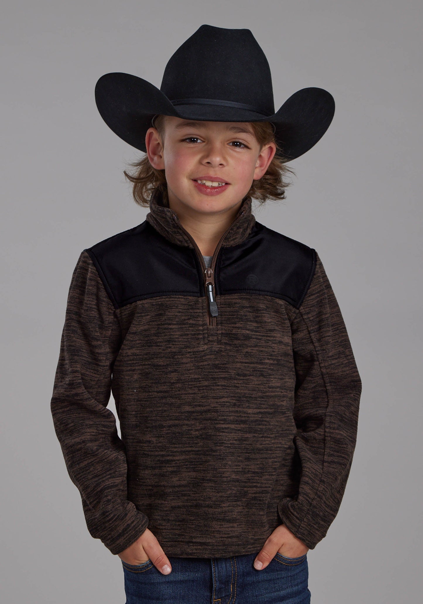 Roper Boys Brown Black Micro Fleece 3/4 Zip Ft Zipper Jacket