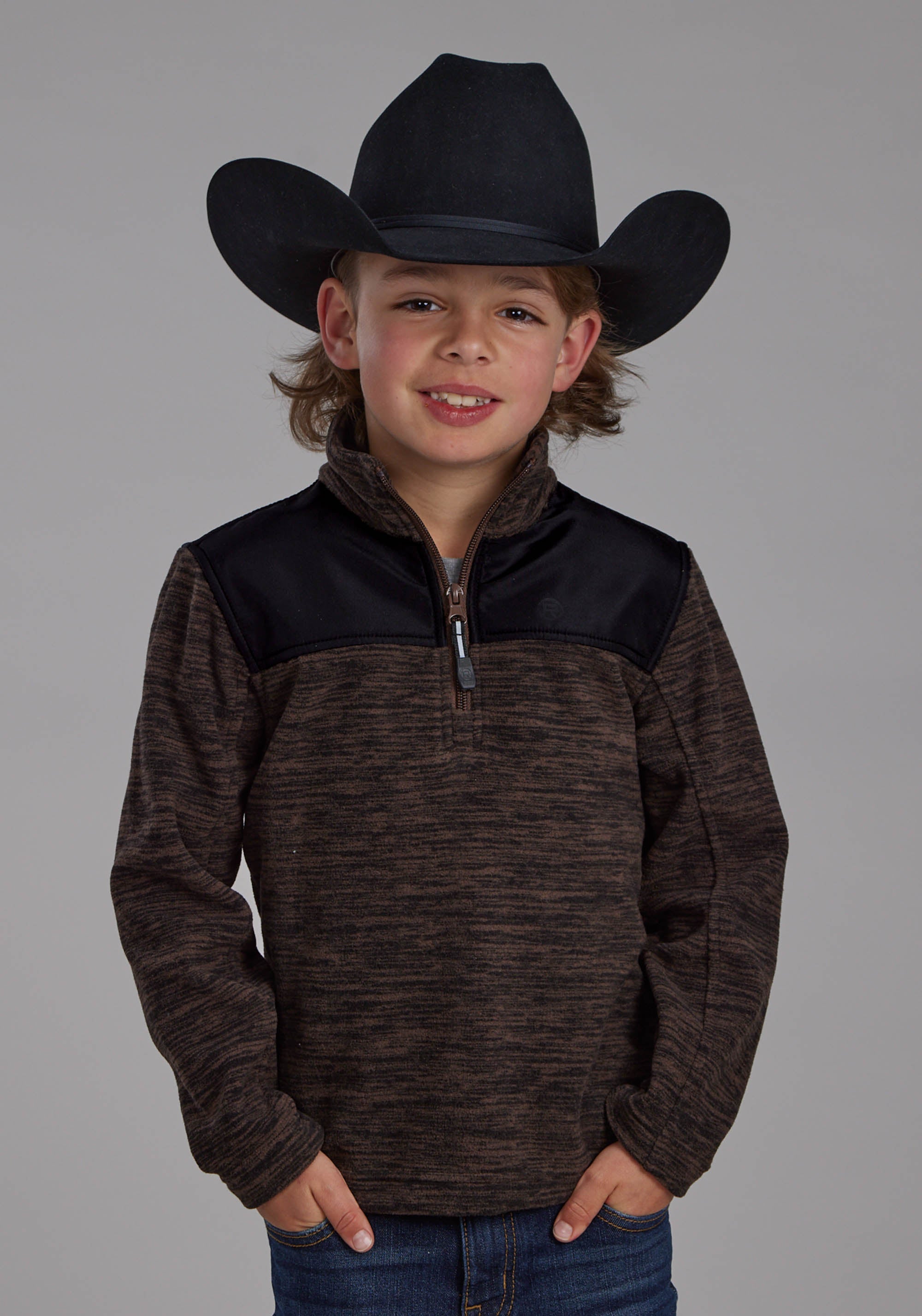 Roper Boys Brown Black Micro Fleece 3/4 Zip Ft Zipper Jacket