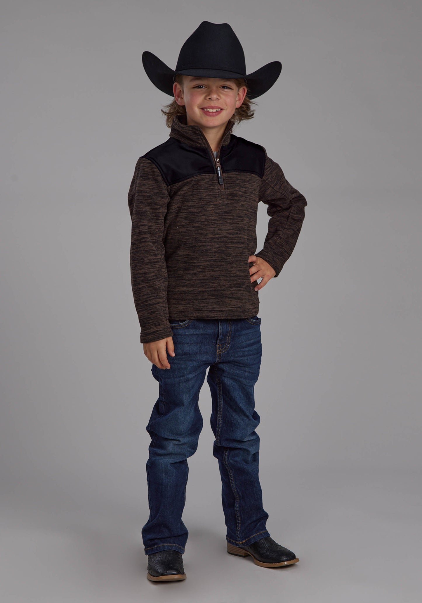 Roper Boys Brown Black Micro Fleece 3/4 Zip Ft Zipper Jacket