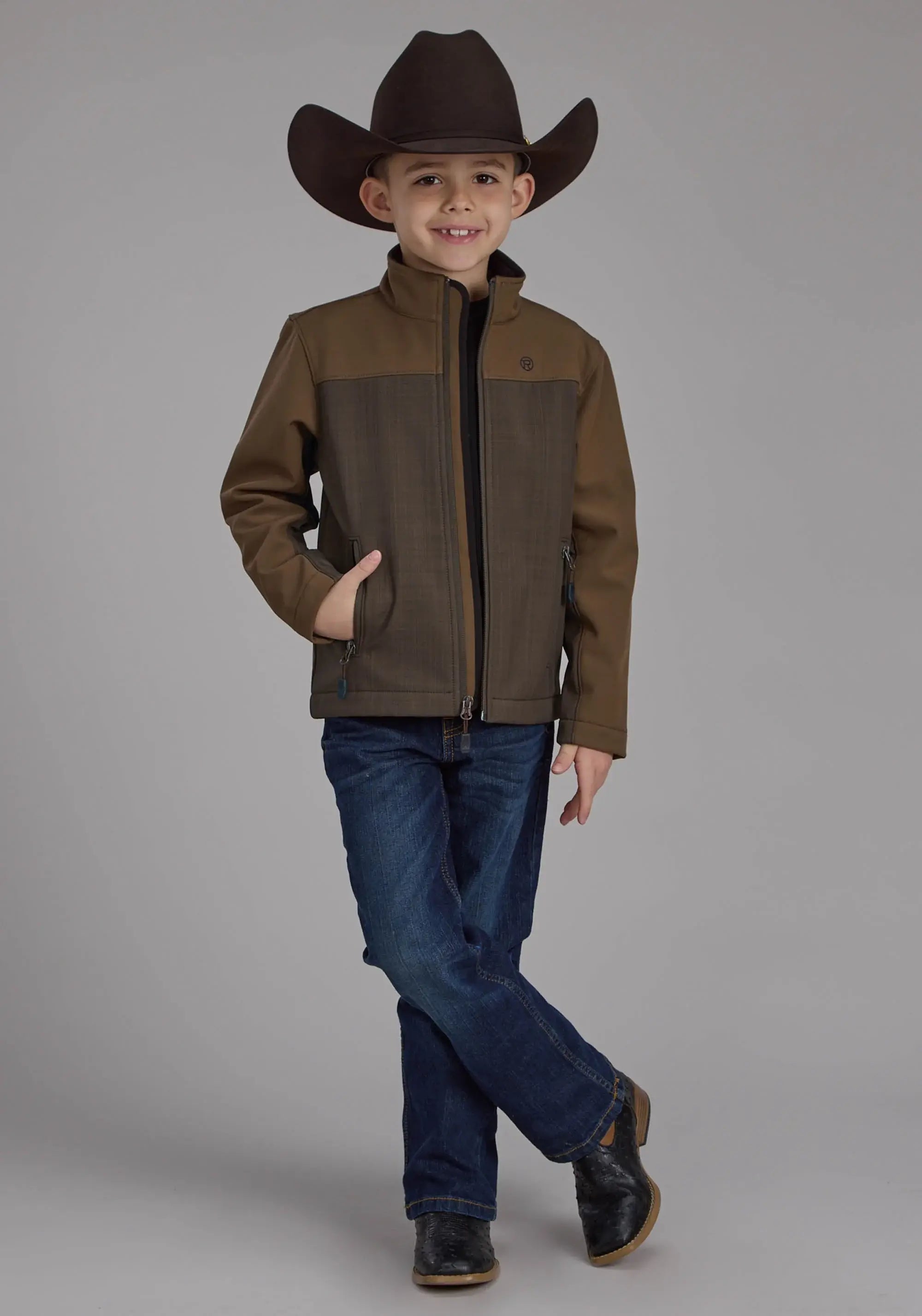 Boys Brown Chocolate Pieced Softshell Zipper Jacket - Roper - Flyclothing LLC