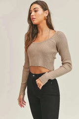 MABLE Long Sleeve Crop Sweater Top and Inner Bra Set - Trendsi - Flyclothing LLC