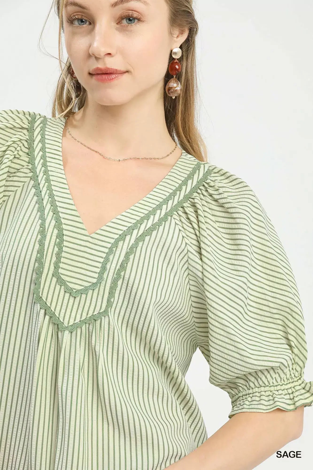 Umgee Stripe V-Neck Blouse - Trendsi - Flyclothing LLC