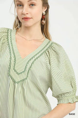 Umgee Stripe V-Neck Blouse - Trendsi - Flyclothing LLC