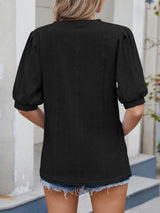 Puff Sleeve V-Neck Eyelet Lace T-Shirt - Trendsi - Flyclothing LLC