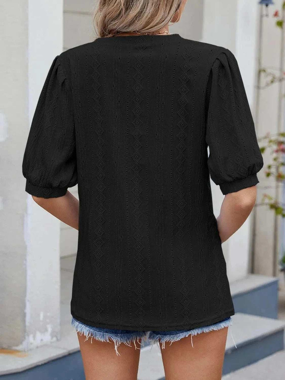 Puff Sleeve V-Neck Eyelet Lace T-Shirt - Trendsi - Flyclothing LLC