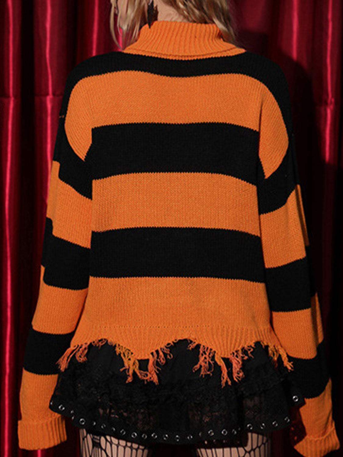 Raw Hem Contrast Turtleneck Long Sleeve Sweater - Trendsi - Flyclothing LLC