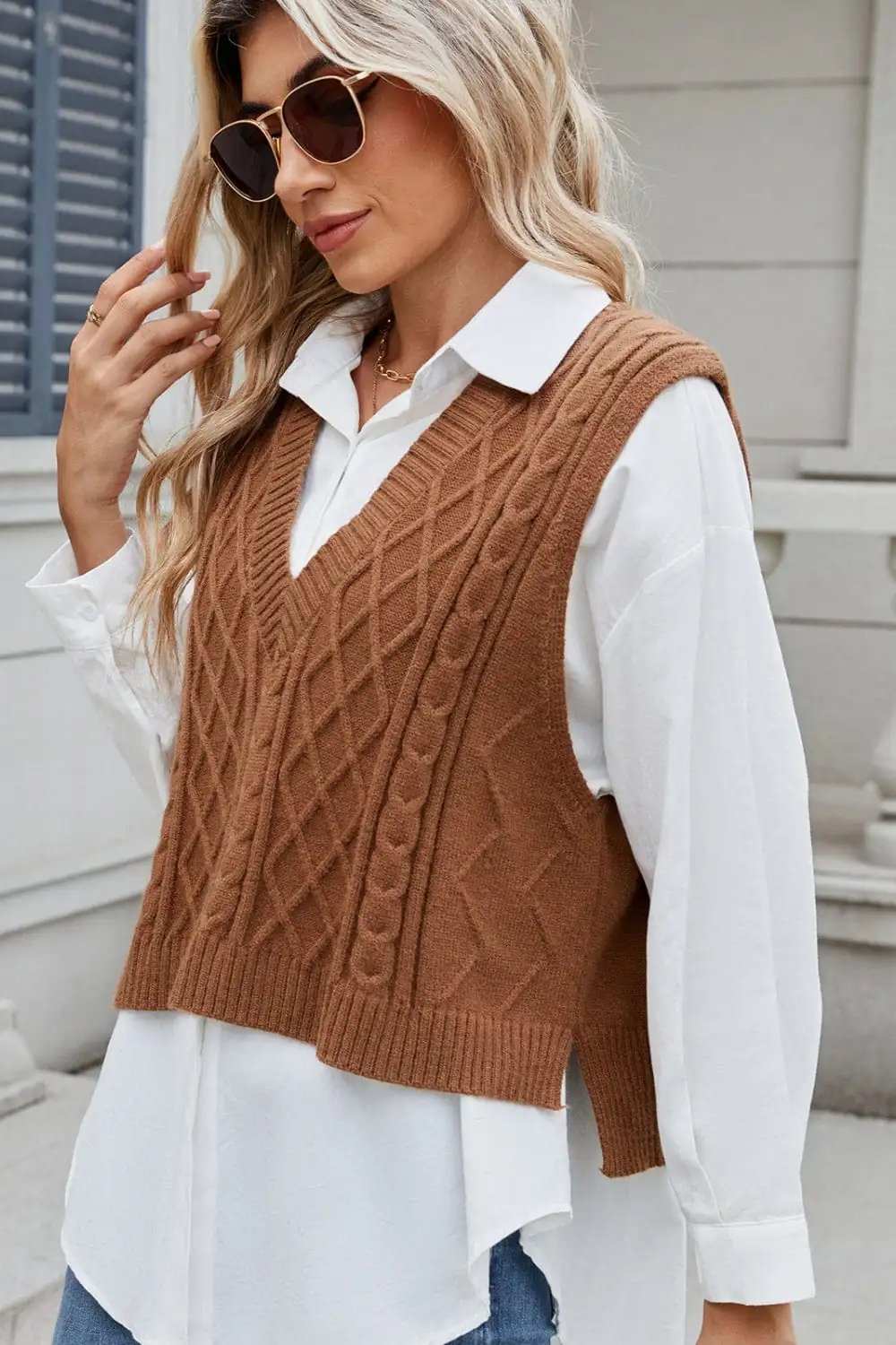 Cable-Knit V-Neck Sweater Vest - Trendsi - Flyclothing LLC