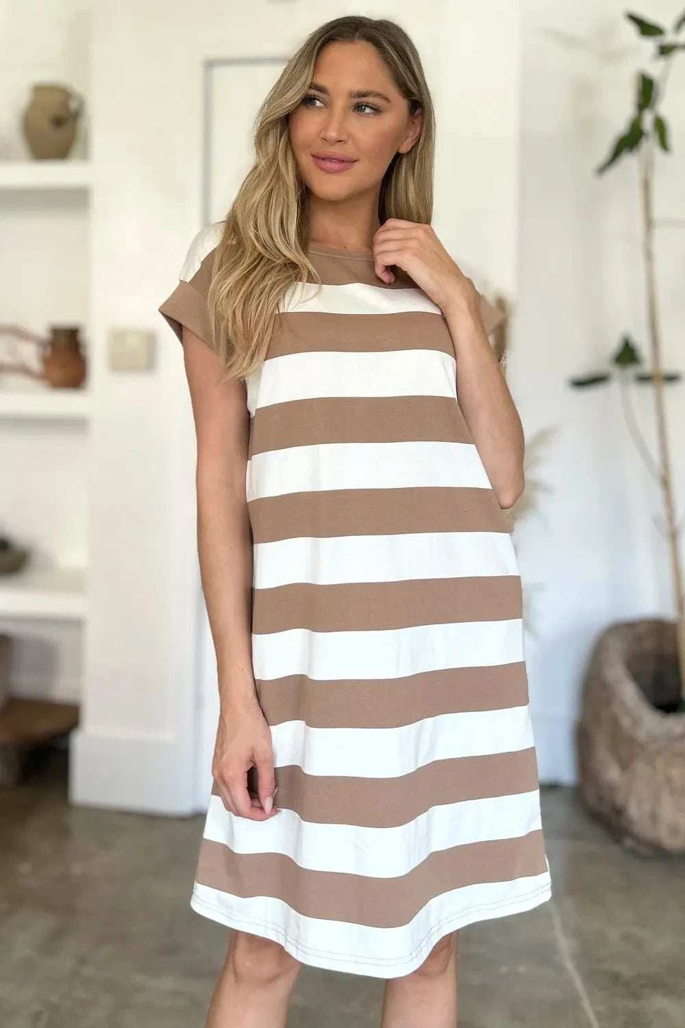 Basic Bae Full Size Striped Round Neck Cap Sleeve Mini Dress - Trendsi - Flyclothing LLC