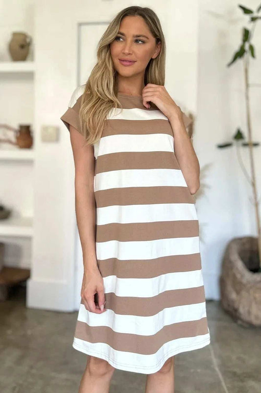 Basic Bae Full Size Striped Round Neck Cap Sleeve Mini Dress - Trendsi - Flyclothing LLC