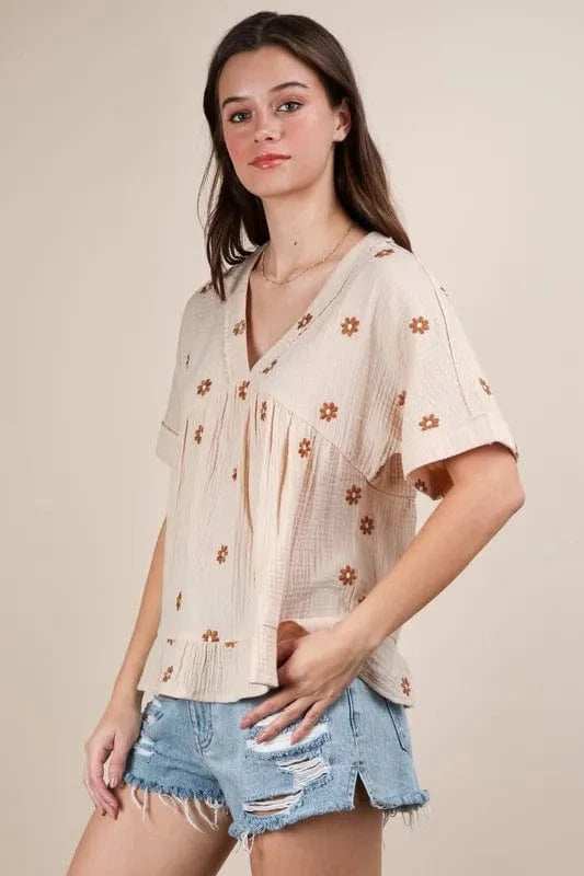 VERY J Flower Embroidered Woven Blouse - Trendsi - Flyclothing LLC