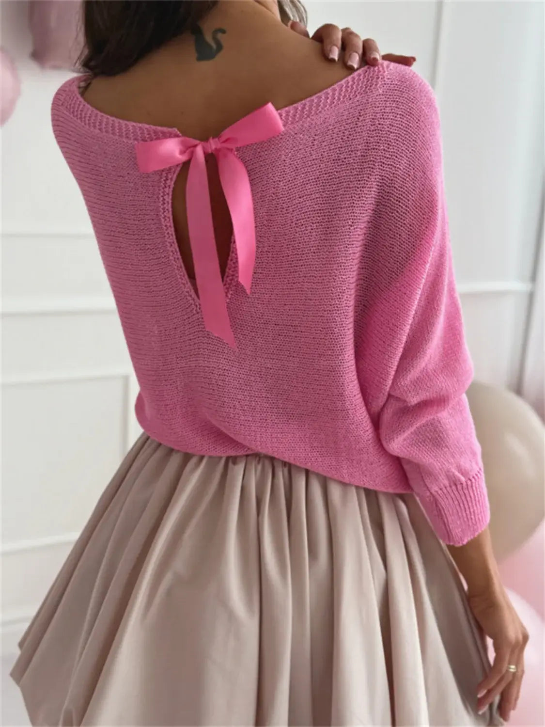 Bow Back Boat Neck Batwing Sleeve Sweater - Trendsi - Flyclothing LLC