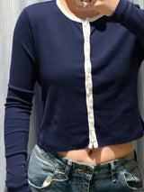 Devine Button Down Contrast Trim Round Neck Long Sleeve Shirt - Trendsi - Flyclothing LLC