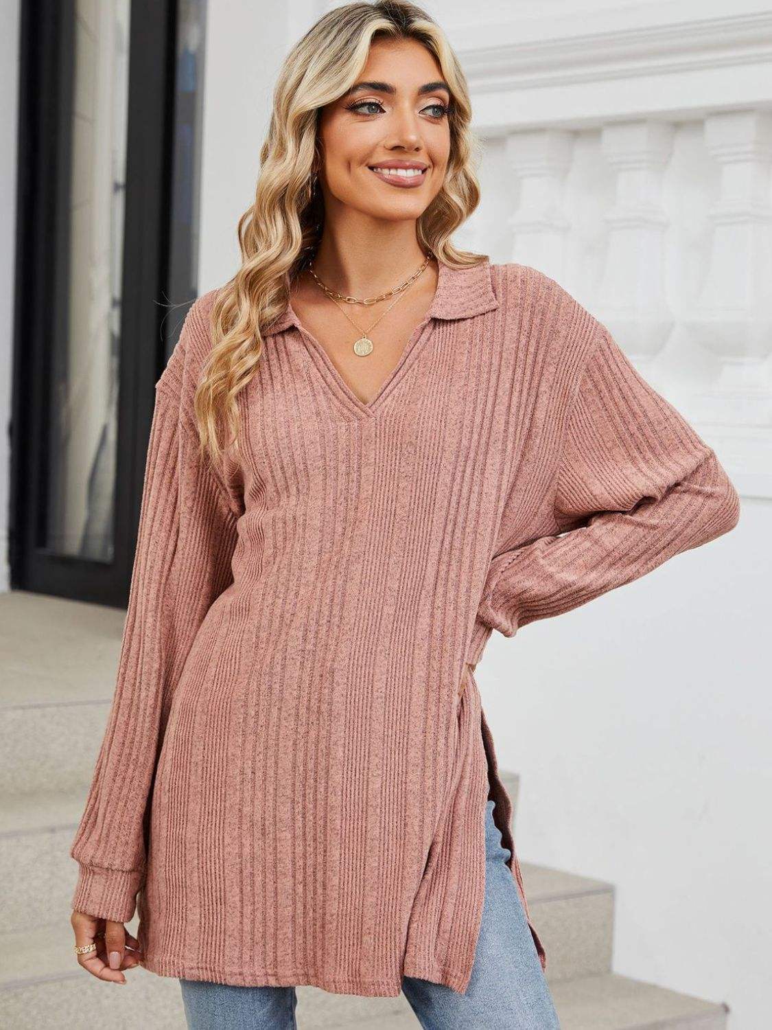 Slit Johnny Collar Long Sleeve T-Shirt - Trendsi - Flyclothing LLC