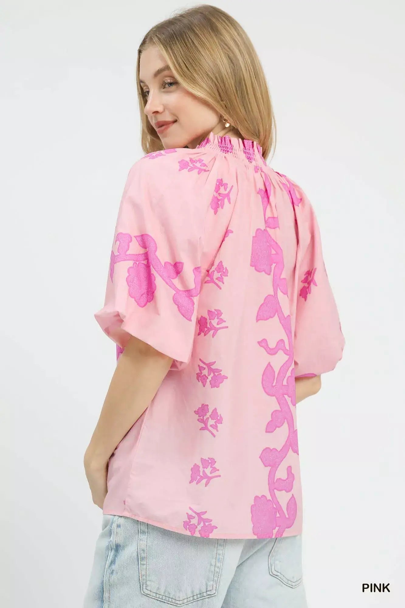 Umgee Floral Smocked Notched Puff Sleeve Blouse - Trendsi - Flyclothing LLC