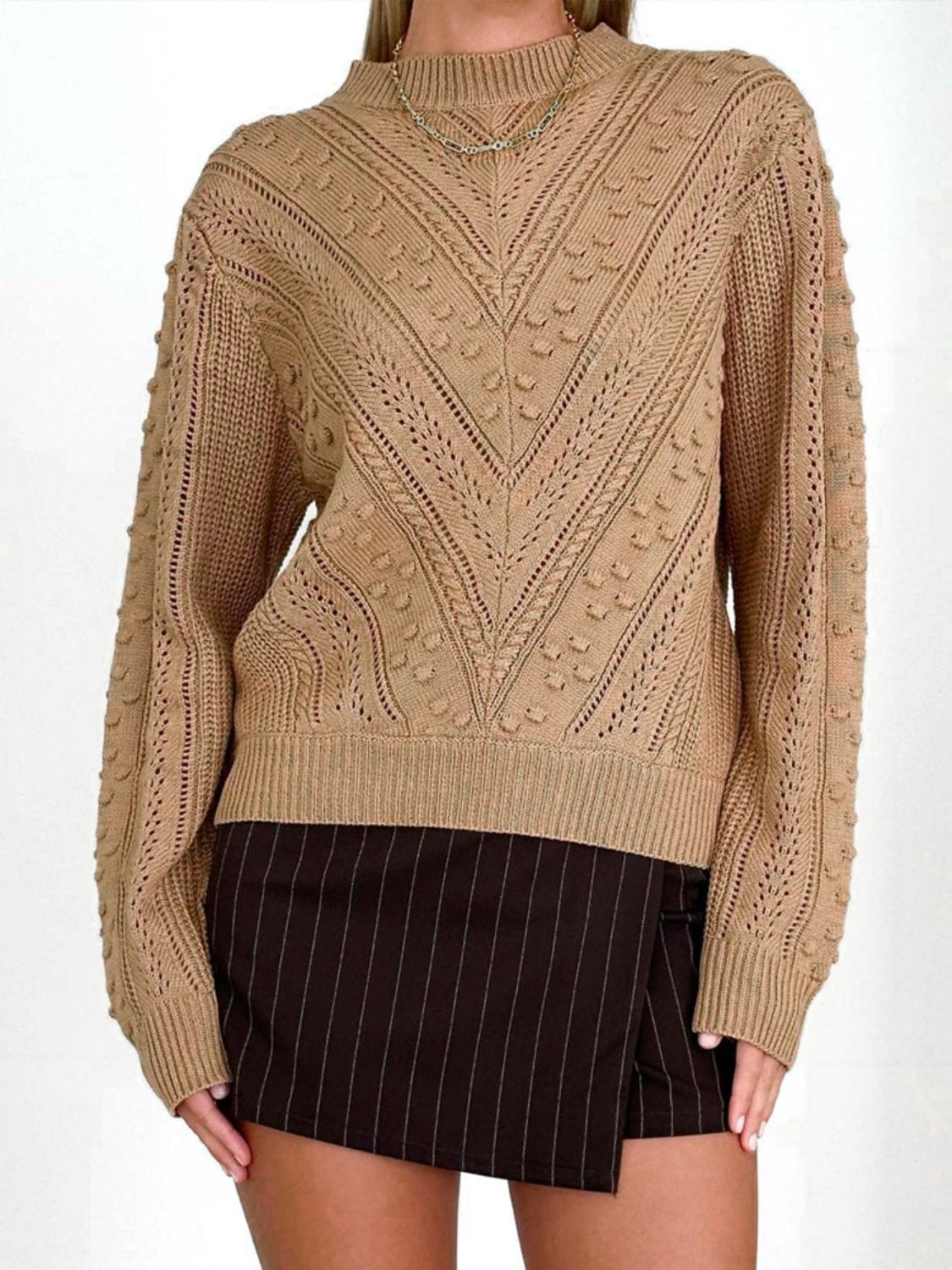 Openwork Round Neck Long Sleeve Sweater - Trendsi