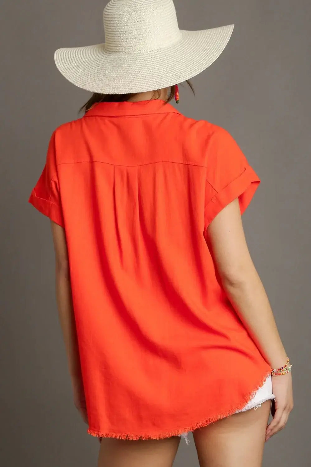 Umgee Full Size Linen Blend Button Down Short Folded Sleeve Shirt Plus Size - Trendsi - Flyclothing LLC