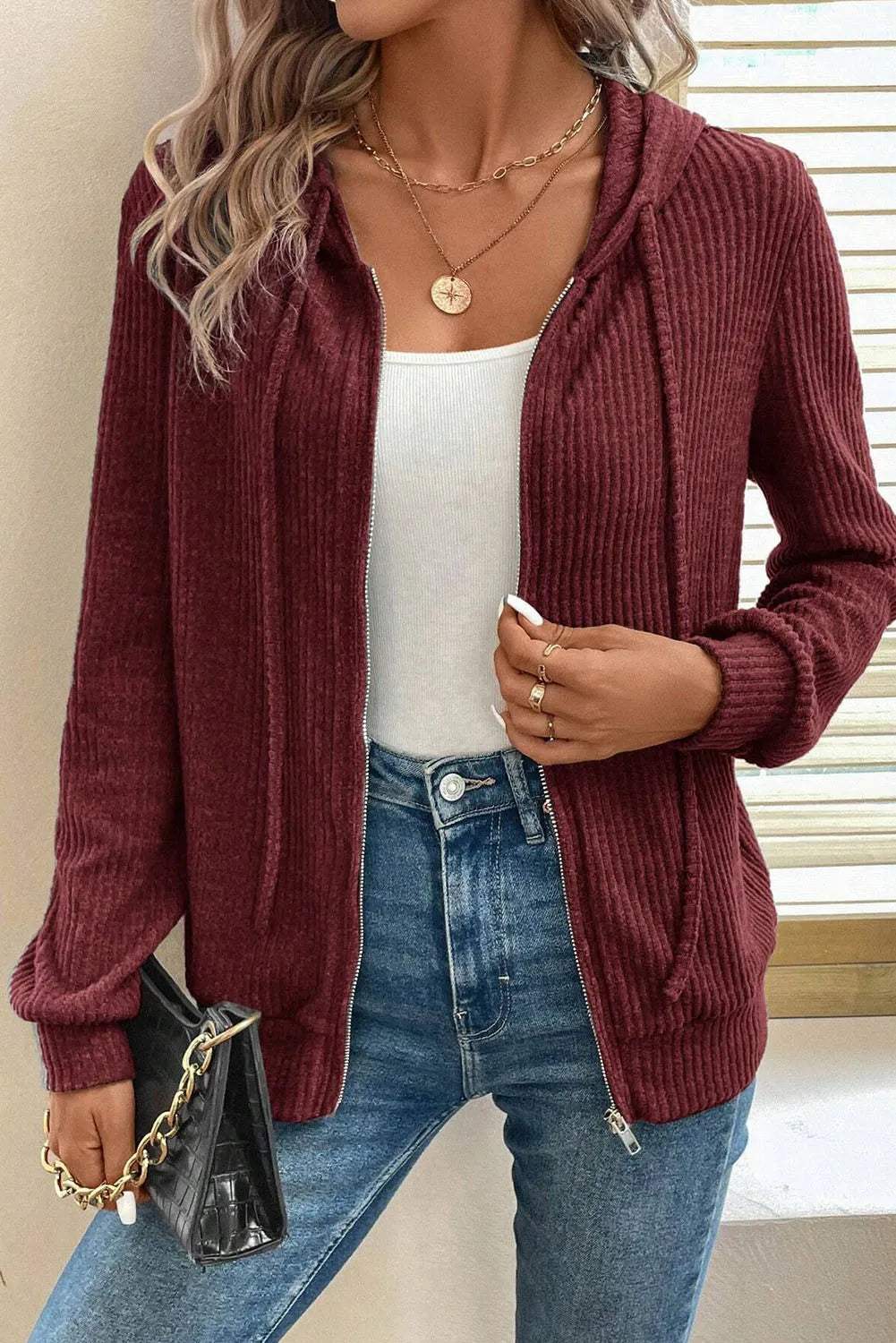 Drawstring Zip Up Long Sleeve Hooded Jacket - Trendsi - Flyclothing LLC